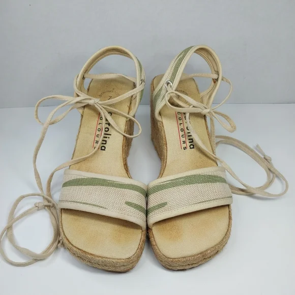 Carolina Colours Size 7 Tan Green Espadrille Wedge Y2K Tie Ankles Sandals Shoes - Picture 2 of 12